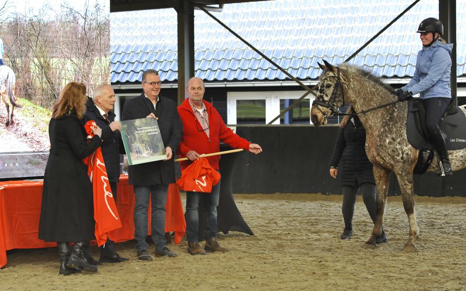 Gedeputeerde Henk Brink (2e van links) en Bas Luinge, voorzitter van Recreatieschap Drenthe, ontvingen het eerste exemplaar van de visie en uitvoeringsagenda voor de hippische recreatie in Drenthe uit handen van Marjolein van Tiggelen. 