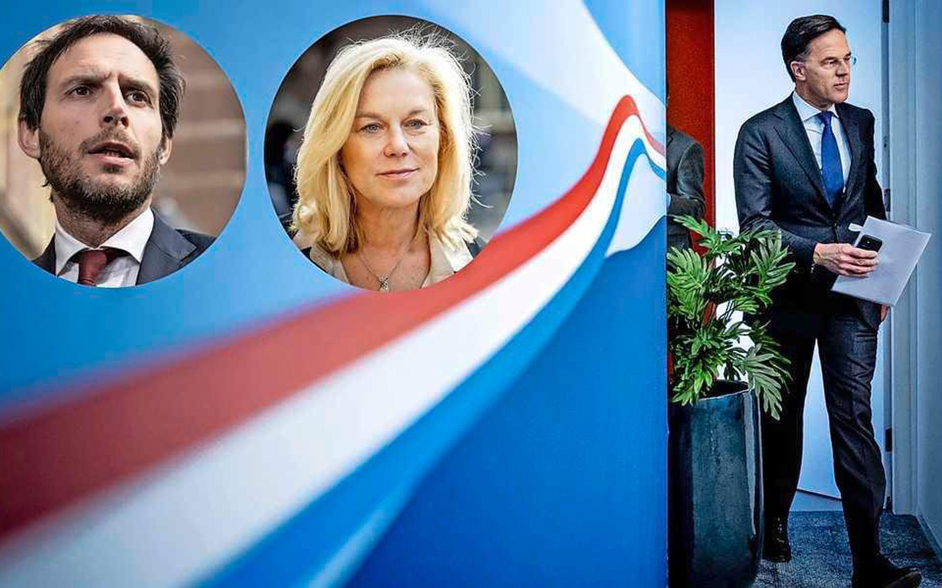 Hoekstra (CDA) en Kaag (D66) blijven tegenover elkaar staan om het stikstofbeleid. Rechts premier Rutte.