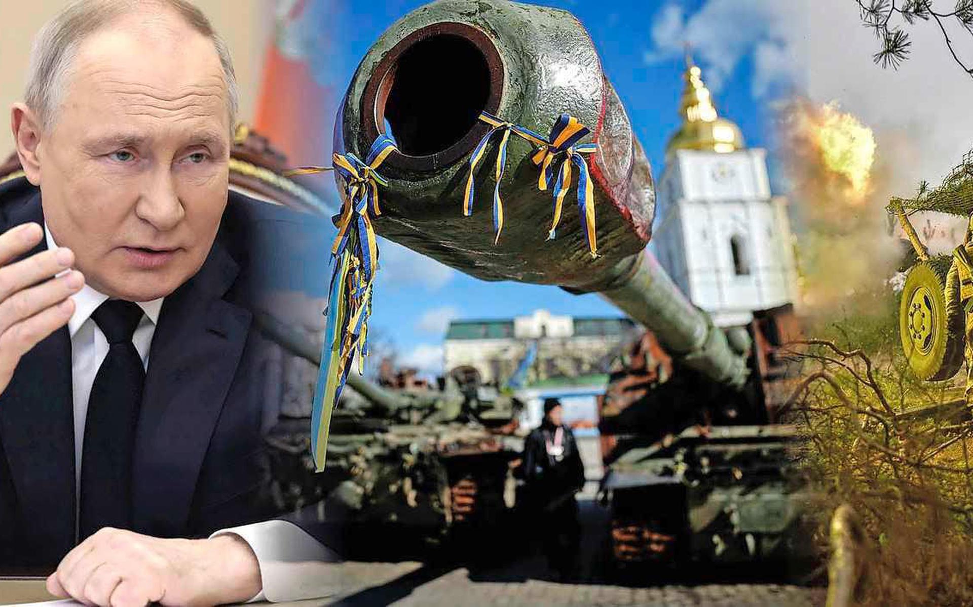 Putin, Kiev en Oekraiense vechters (R).