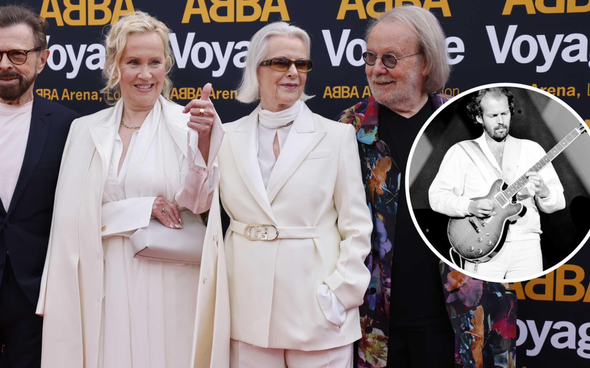 De voormalige leden van ABBA op een rij: Bjorn Ulvaeus, Agnetha Faltskog, Anni-Frid Lyngstad en Benny Andersson. Rechts: Lasse Wellander.