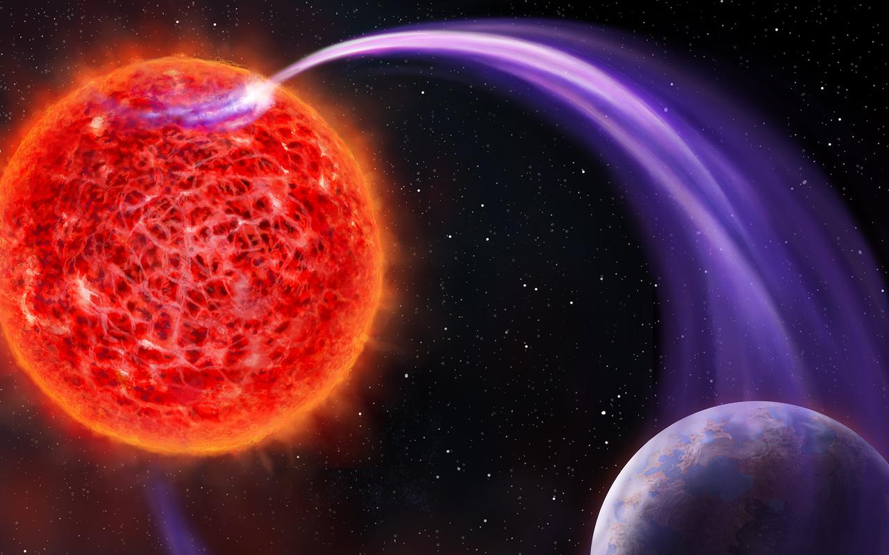 Een impressie van de magnetische interactie tussen een rode dwergster en de planeet die eromheen cirkelt. Illustratie: Daniëlle Futselaar