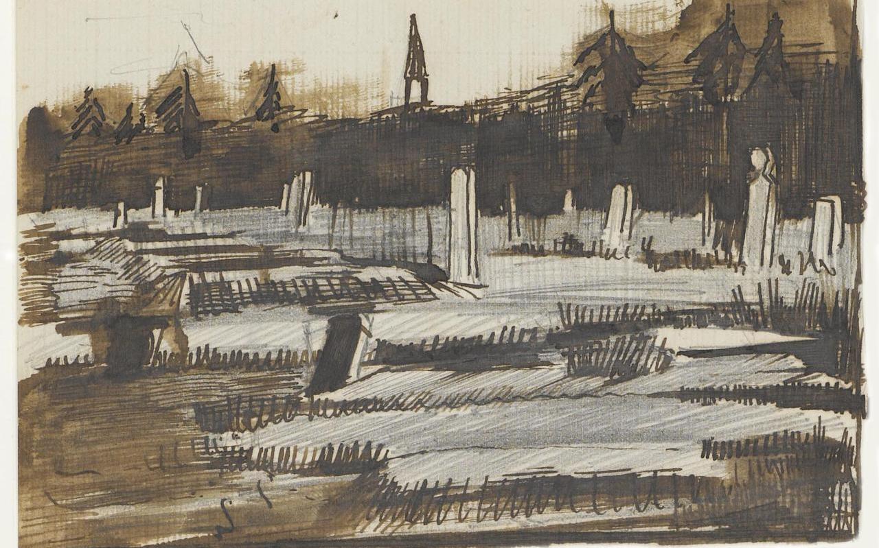 Afbeelding van de brochure Van Gogh, Erfgoedlocaties in Drenthe. Een schets van het kerkhof in Pesse, kerktoren op de achtergrond, 3 okt. 1883. Afbeelding van de brochure Van Gogh, Erfgoedlocaties in Drenthe. Een schets van het kerkhof in Pesse, kerktoren op de achtergrond, 3 okt. 1883.