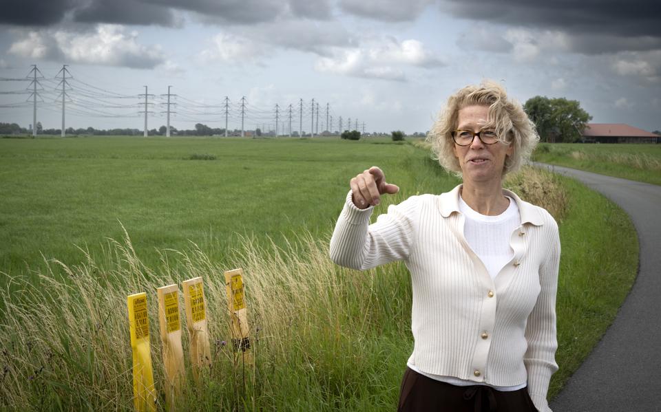                                                                                                                                                               
 Cindy Dirkx met op de voorgrond gele Gasunie-paaltjes die ondergrondse gasleidingen markeren en op de achtergrond de hoogspanningslijn tussen Eemshaven en Vierverlaten.
     