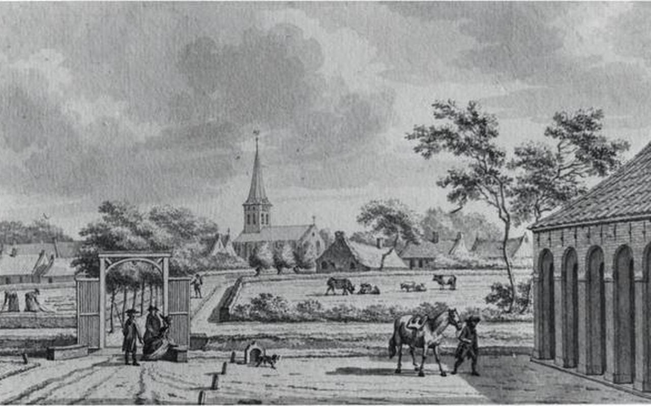 Gezicht op Ulrum vanaf het borgterrein, tekening van J. Bulthuis (1750-1801).