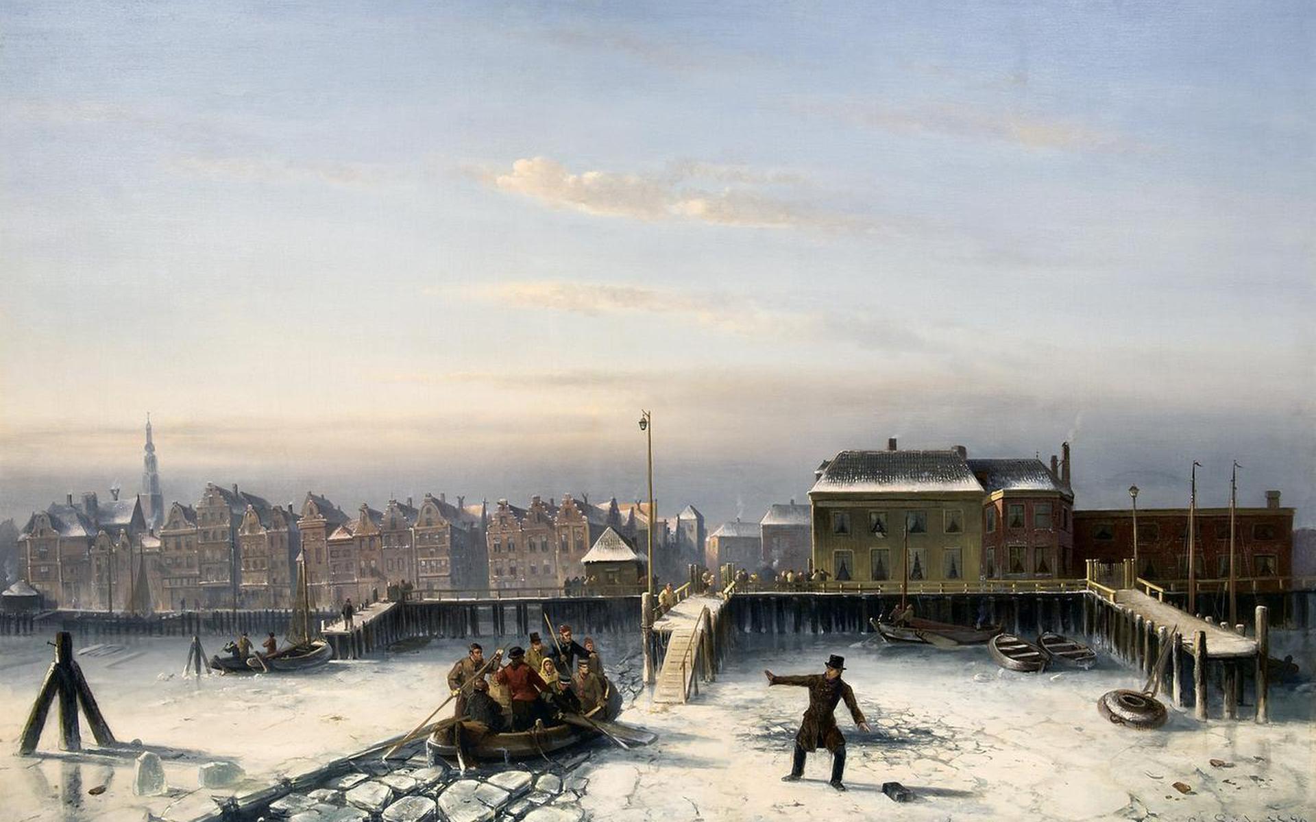 Op het schilderij Charles Leickert Op het IJ, zakt een jonge Willem Albert Scholten door het ijs. Illustratie: Simonis & Buunk