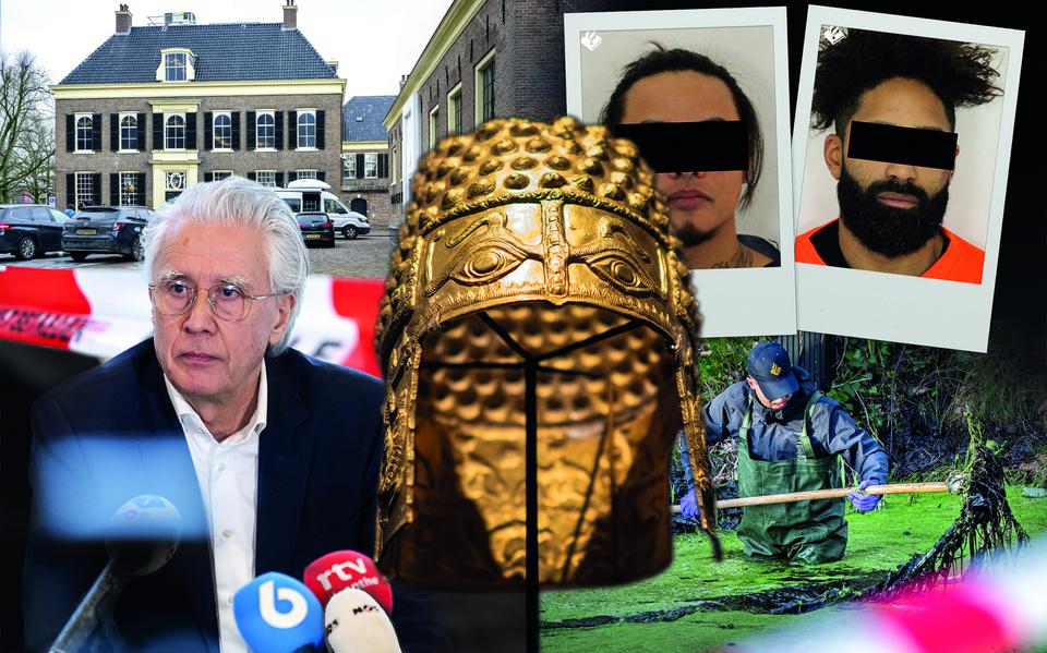 Beeldcompilatie over de kunstroof bij het Drents Museum in Assen, met in het midden de gestolen helm van Coțofenești.