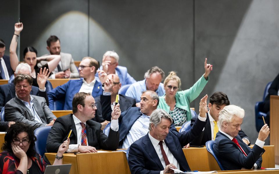 Bij cruciale stemmingen is Wilders PVV-fractie, met in het midden Groninger Reinder Blaauw (lichtblauw colbert), wél van de partij.