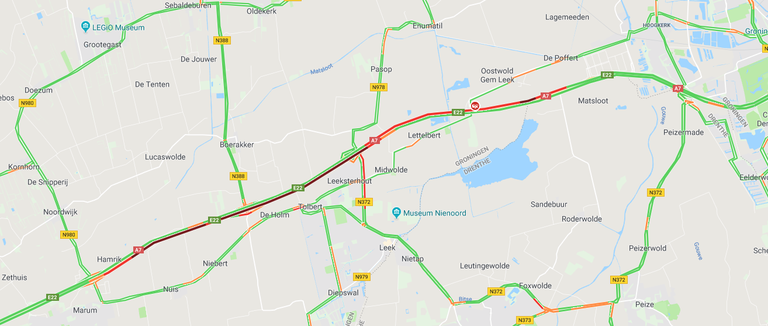Flinke files op A7 na ongeluk tussen Groningen en Marum. Flinke files op A7 na ongeluk tussen Groningen en Marum.
