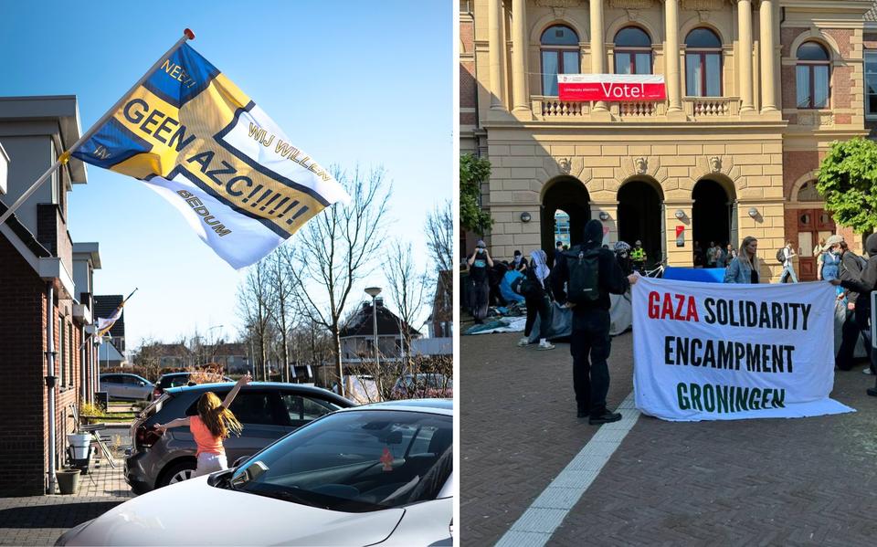 Links een protestvlag tegen het AZC in Bedum, rechts de tijdelijke bezetting van het RUG-gebouw in Groningen, vorig jaar.