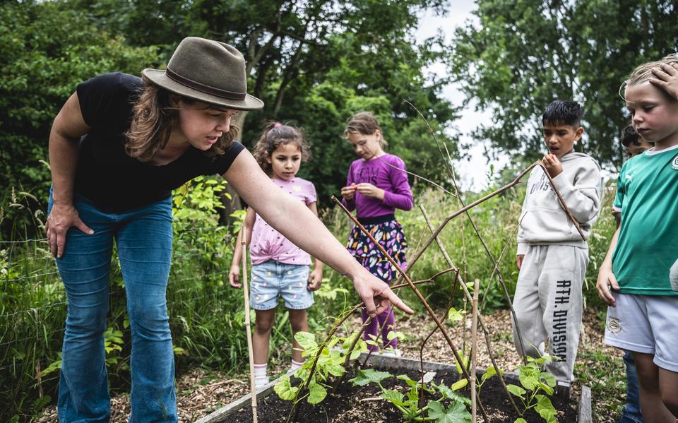Moestuincoach Sigrid Kingma legt de kinderen uit wat er moet gebeuren.