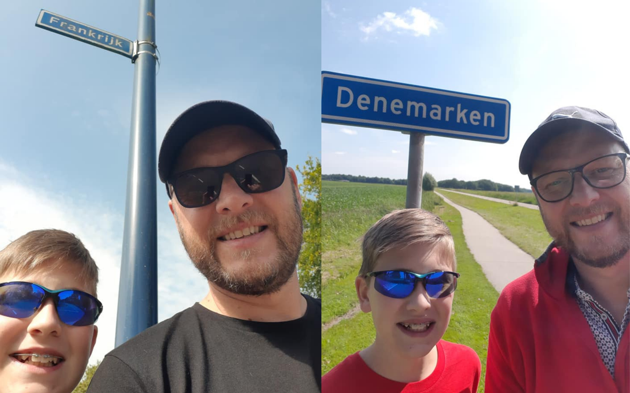 Twee kiekjes van de 'wereldreis' van Marco en Hidde Brinkman uit Meppel. Links Frankrijk bij Nijerberkoop, rechts Denemarken bij Slochteren. Foto: Eigen foto.
