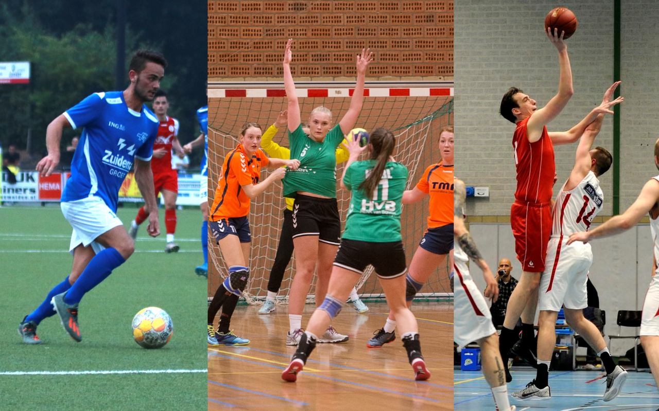 Actiefoto's van Drentse sportclubs. Links vv Hoogeveen, midden HVZ-Vivendi en E & O, rechts Red Giants. Foto: DvhN