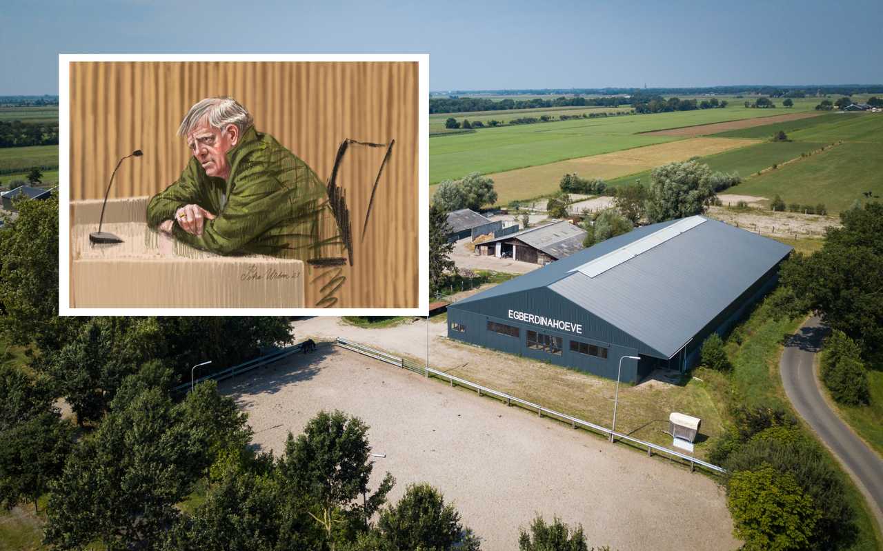 Jan B. uit Nijeveen op de voorgrond. Op de achtergrond de Egberdina Hoeve waar vorig jaar op 7 augustus de cocaïnewasserij is aangetroffen. Tekening: Petra Urban/Foto: DVHN Jan B. uit Nijeveen op de voorgrond. Op de achtergrond de Egberdina Hoeve waar vorig jaar op 7 augustus de cocaïnewasserij is aangetroffen. Tekening: Petra Urban/Foto: DVHN