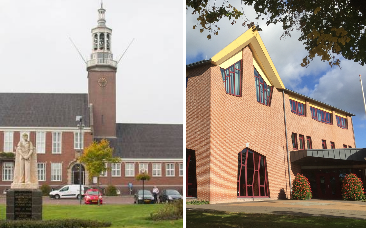 Links het gemeentehuis van Hoogeveen, rechts die van De Wolden (in Zuidwolde). Foto: DvhN
