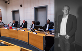 Een foto tijdens een zitting in de 'zaak Ruinerwold', Herman Fransen in het midden als voorzitter. Rechts een portretfoto. Foto: DvhN