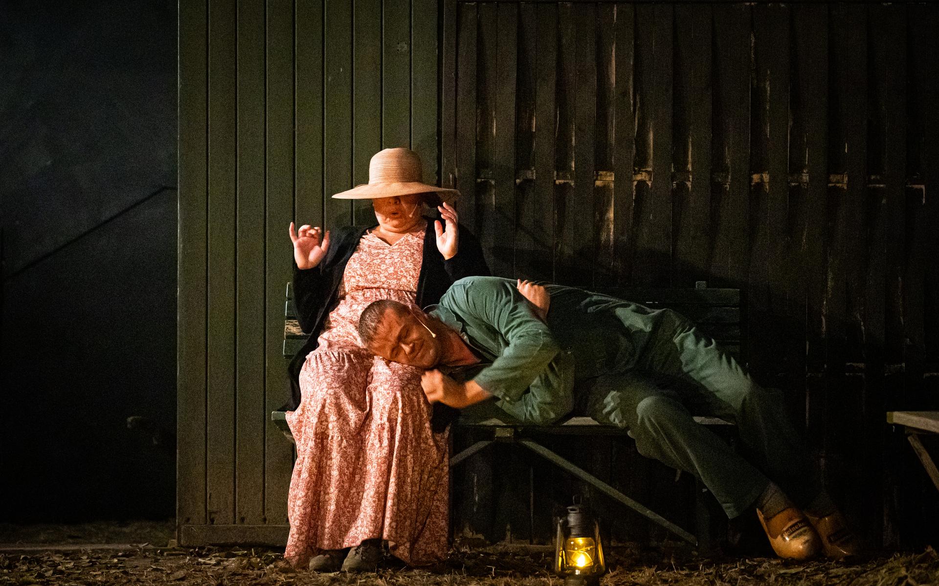 Jacques d'Ancona ziet 'Kwekerij Drenthina' van openluchtspel Roderwolde. Dolle hilariteit: ze pakken