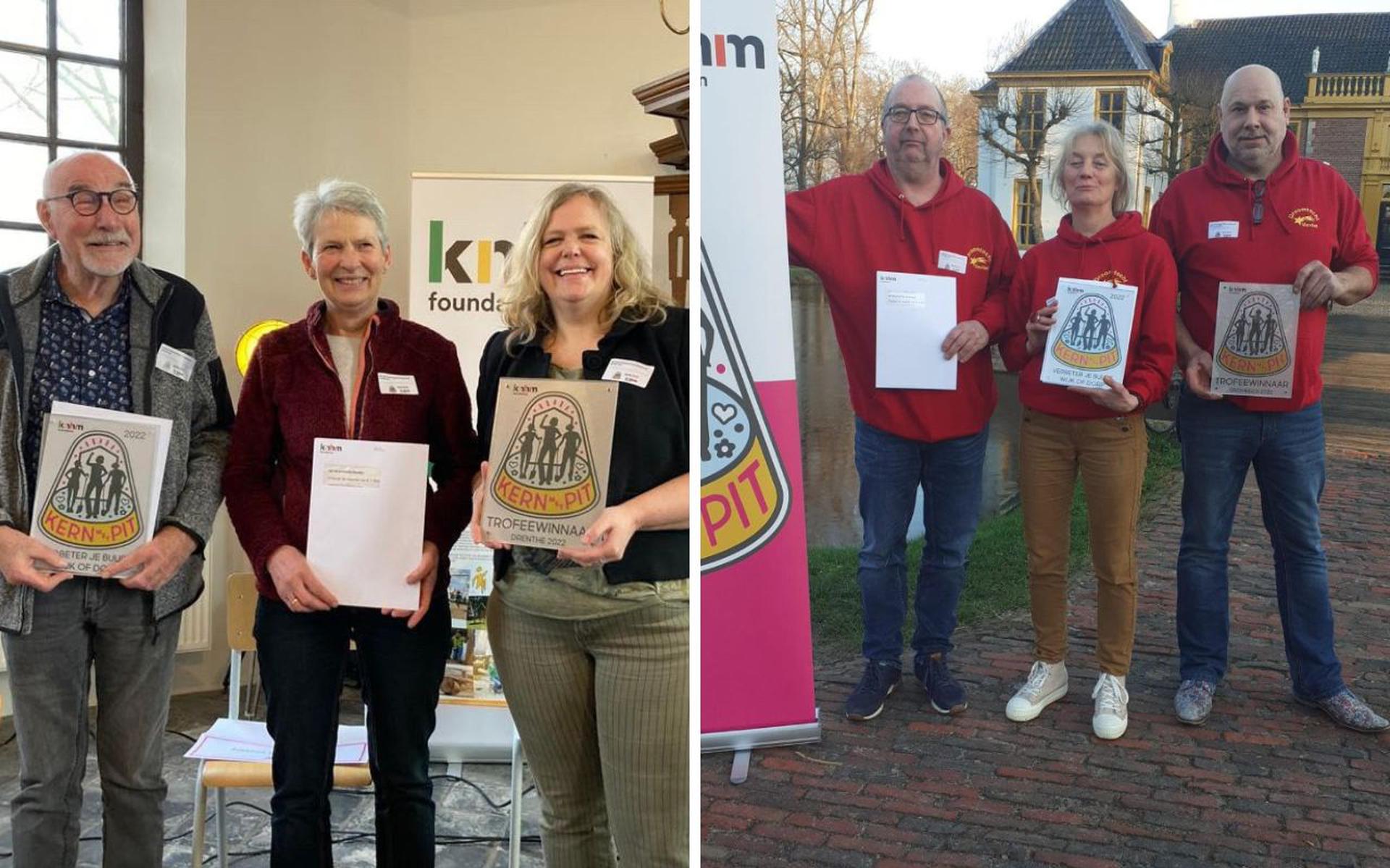 Links de Drentse winnaars van Kern met Pit in Eexterveen, rechts de Groningse winnaars in Visvliet.
