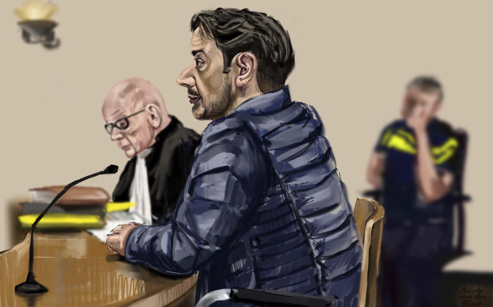 Rechtbanktekening van moordverdachte Abderrehim B. uit Leiden in de rechtbank van Assen en zijn advocaat Peter Plasman. Illustratie: Nicole van den Hout