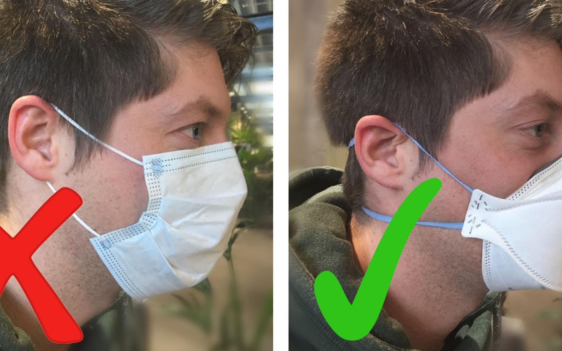 Twee verschillende soorten mondkapjes. Links: het mondkapje dat virussen niet kan tegenhouden. Rechts: het mondkapje dat door medici wordt gebruikt en wel werkt, maar waarbij ademhalen na verloop van tijd moeilijker wordt. 
