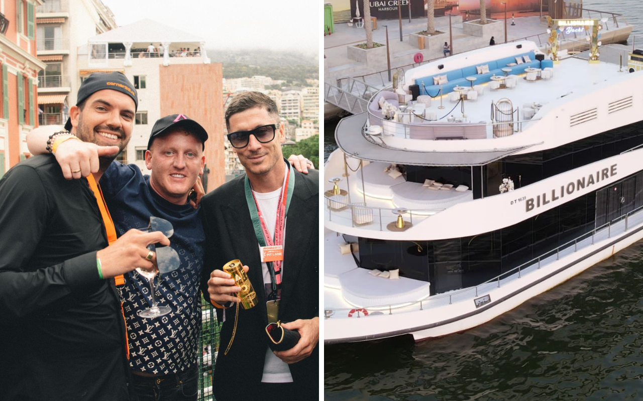 Links: Lars Kalkdijk (Corner33), Waldemar Schlemmer (zijn partner in Abu Dhabi) en Robert Lewandowski (Speler FC Barcelona), op het dakterras in Monaco tijdens de GP van afgelopen mei. Rechts: het jacht in de Yas Marina van Abu Dhabi. Links: Lars Kalkdijk (Corner33), Waldemar Schlemmer (zijn partner in Abu Dhabi) en Robert Lewandowski (Speler FC Barcelona), op het dakterras in Monaco tijdens de GP van afgelopen mei. Rechts: het jacht in de Yas Marina van Abu Dhabi.