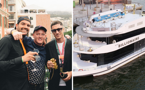 Links: Lars Kalkdijk (Corner33), Waldemar Schlemmer (zijn partner in Abu Dhabi) en Robert Lewandowski (Speler FC Barcelona), op het dakterras in Monaco tijdens de GP van afgelopen mei. Rechts: het jacht in de Yas Marina van Abu Dhabi.