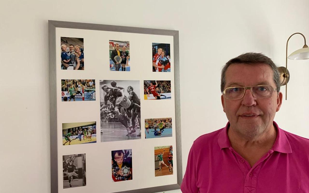 Sjeng Verjans (63) bij de fotocollage om zo de hechte familieband te illustreren. ,,De handbalsport heeft onze familie veel moois opgeleverd: sportieve momenten en warme vriendschapsbanden.” Sjeng Verjans (63) bij de fotocollage om zo de hechte familieband te illustreren. ,,De handbalsport heeft onze familie veel moois opgeleverd: sportieve momenten en warme vriendschapsbanden.”