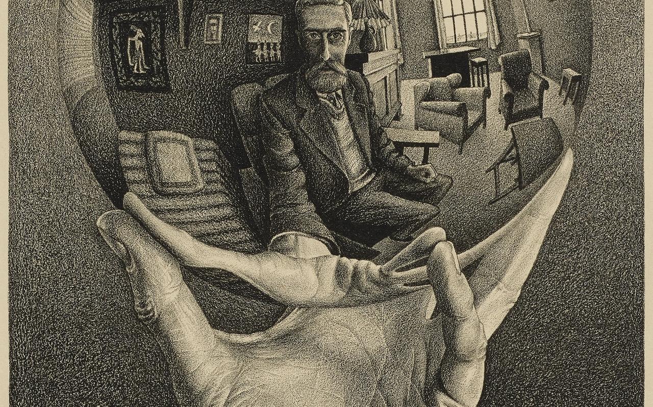 M.C. Escher, Hand met spiegelende bol, 1935, litho. Collectie Kunstmuseum Den Haag M.C. Escher, Hand met spiegelende bol, 1935, litho. Collectie Kunstmuseum Den Haag