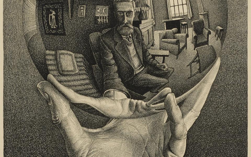 M.C. Escher, Hand met spiegelende bol, 1935, litho. Collectie Kunstmuseum Den Haag