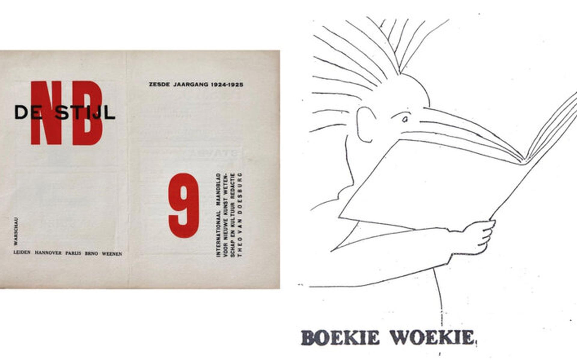 De Stijl, nr. 9, 1924/25 (links) en Boekie Woekie, tekening van Jan Voss.