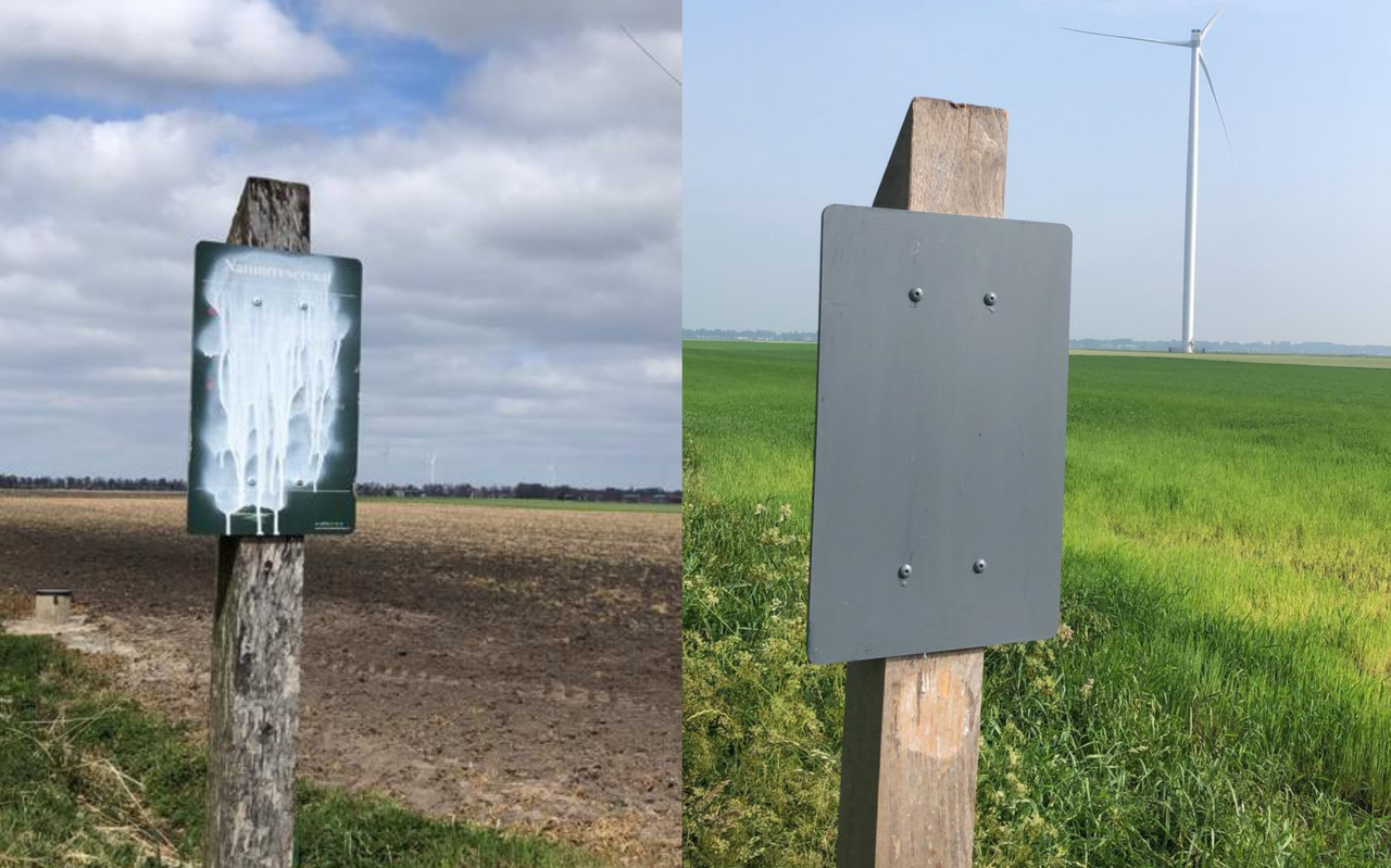 Links zie je hoe het bordje op de Exloërkijl in eerste instantie werd besmeurd. Rechts hoe het na vervanging wederom is bewerkt. Foto: Drents Landschap Links zie je hoe het bordje op de Exloërkijl in eerste instantie werd besmeurd. Rechts hoe het na vervanging wederom is bewerkt. Foto: Drents Landschap
