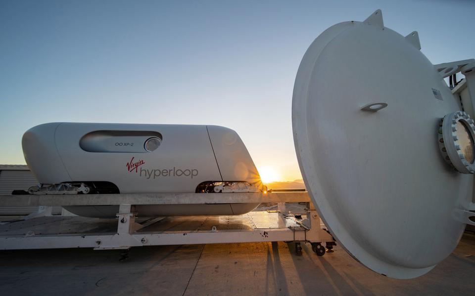 De Virgin Hyperloop-pod is te zien op de DevLoop-testsite in Las Vegas, Nevada. 