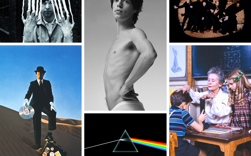 Hoezen van Hipgnosis voor - met de klok mee - Peter Gabriel, Wings, Led Zeppelin en Pink Floyd. In het midden een foto van Mick Jagger voor een niet gebruikt ontwerp voor het album Goats Head Soup van The Rolling Stones.