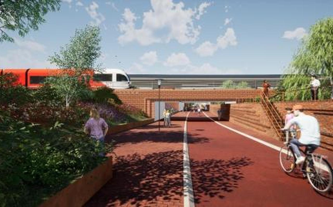 Artist impression van de nieuwe fiets- en voetverbinding ter hoogte van het spoor tussen Groningen en Roodeschool. Artist impression van de nieuwe fiets- en voetverbinding ter hoogte van het spoor tussen Groningen en Roodeschool.