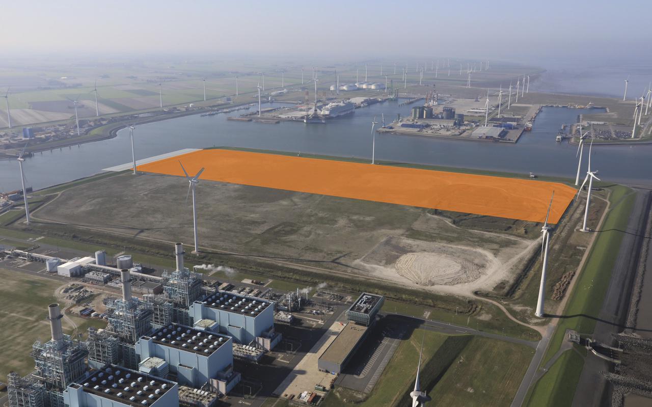 In oranje is de plek van 50 hectare aangegeven waar de fabriek van Van Merksteijn in de Eemshaven komt.
