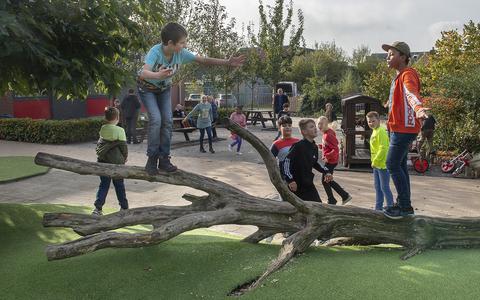 Zoals bij de Paul Krugerschool in Coevorden moet een schoolplein er anno 2021 uitzien: met veel groen en mogelijkheden om te klauteren.