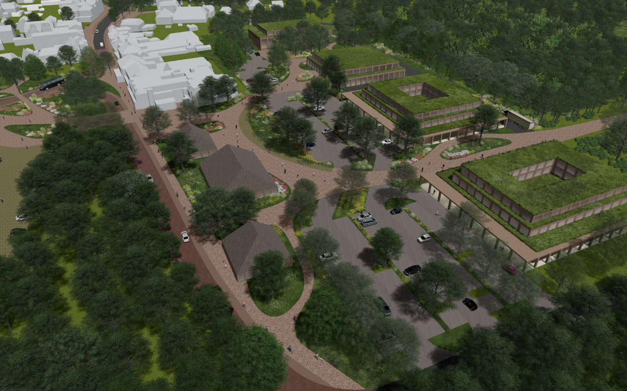 Een voorlopige impressie van de voorzijde van het nieuwe PBH-terrein. Rechts de twee supermarkten met appartementen en het gezondheidscentrum. In het midden het cultureel centrum en twee horecapanden. Een voorlopige impressie van de voorzijde van het nieuwe PBH-terrein. Rechts de twee supermarkten met appartementen en het gezondheidscentrum. In het midden het cultureel centrum en twee horecapanden.