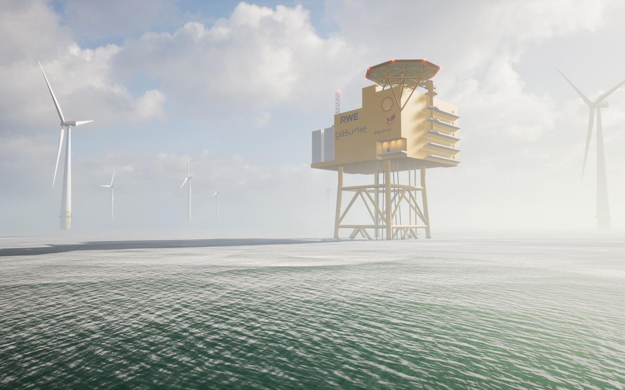 Impressie van de waterstoffabriek die het consortium met Gasunie wil bouwen op de Duitse Noordzee.