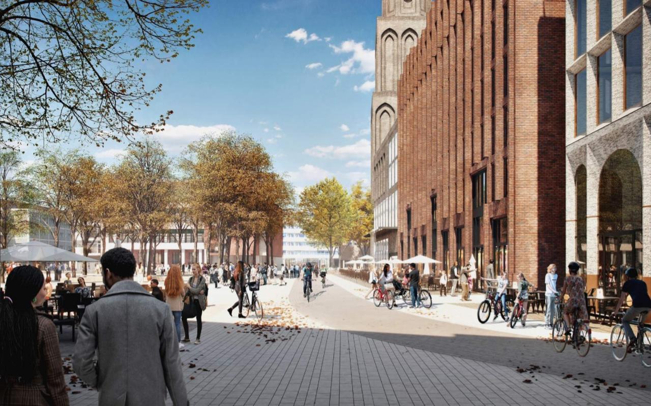 Een impressie van hoe de oostwand van de Grote Markt er na de herinrichting uit kan zien. Een impressie van hoe de oostwand van de Grote Markt er na de herinrichting uit kan zien.