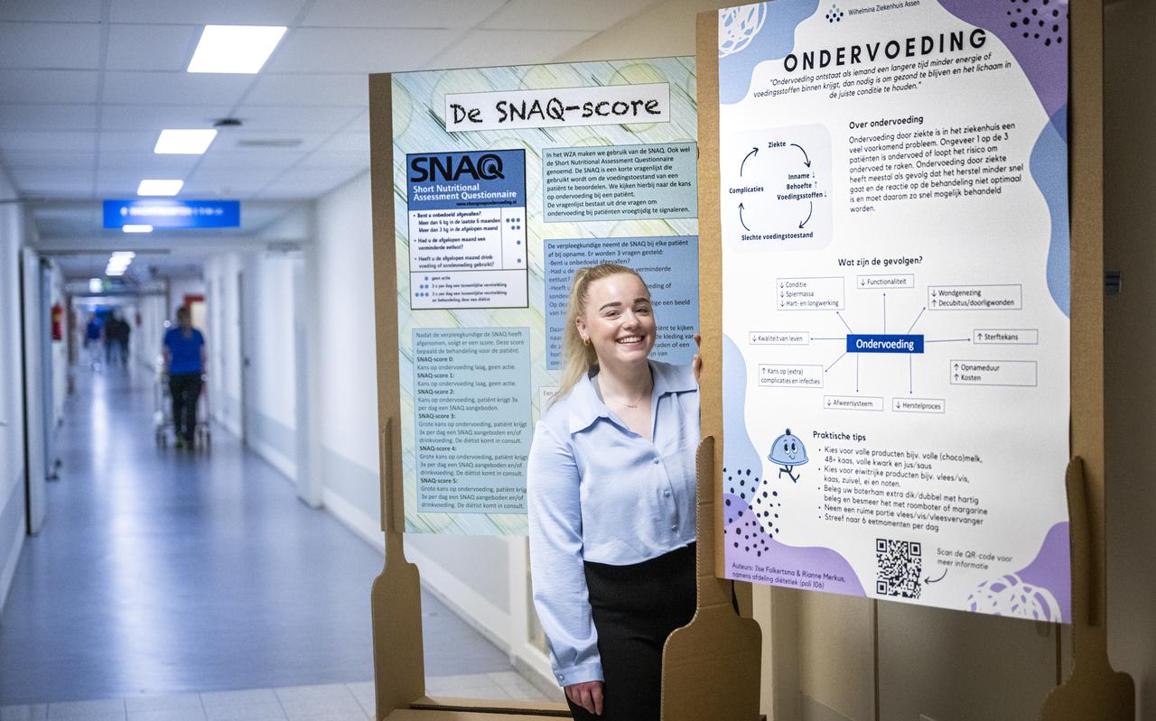 Dorine Tiems, studente voeding en diëtetiek, gaat met een themaweek ondervoeding te lijf in het Wilhelmina Ziekenhuis Assen. Dorine Tiems, studente voeding en diëtetiek, gaat met een themaweek ondervoeding te lijf in het Wilhelmina Ziekenhuis Assen.