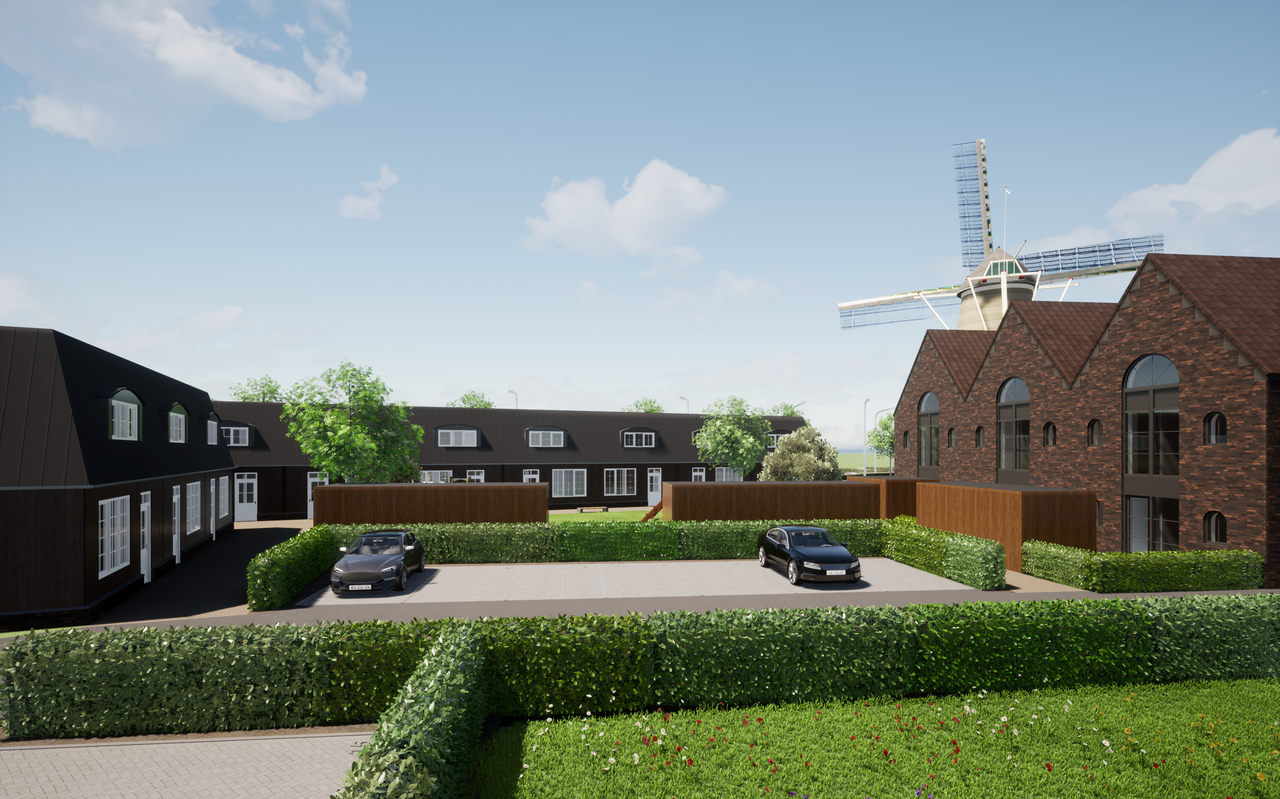 Schets van de 13 huurwoningen die Theo Tel mét een molen wil bouwen bij de rotonde in het hart van Zevenhuizen.