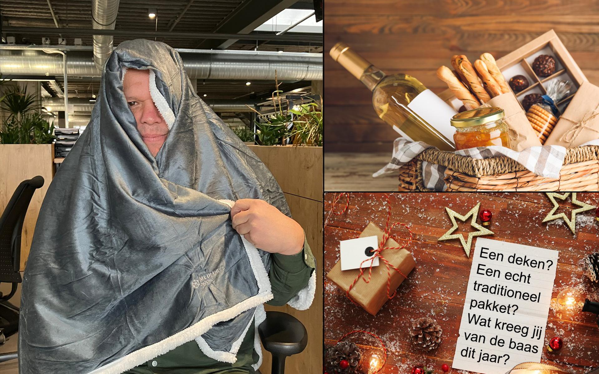 Links: een medewerker van Dagblad van het Noorden met een deel van zijn kerstpakket. Rechts: twee andere kerstpakketten.