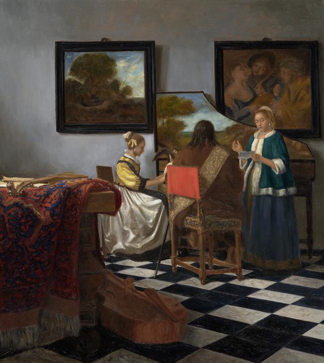 De winnende reproductie van Vermeers Het Concert, door Carolien van Olphen. 