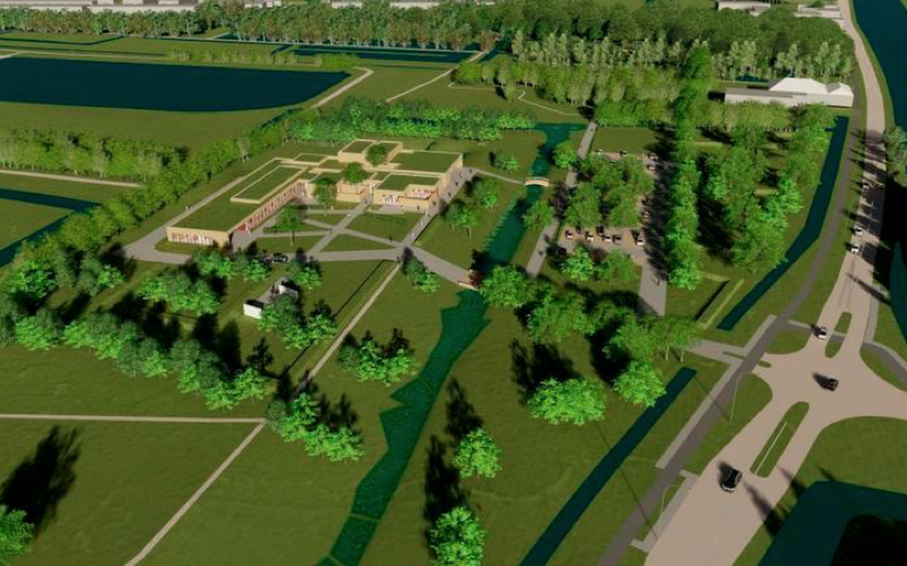 Het crematorium in het Westpark met rechts het Hoendiep en het nieuwe kruispunt. Het crematorium in het Westpark met rechts het Hoendiep en het nieuwe kruispunt.