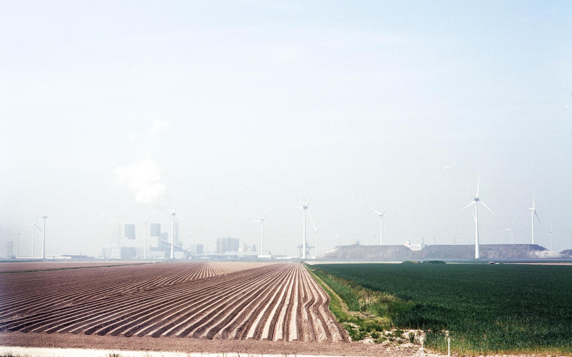 De Oostpolder die is aangewezen voor de bouw. De landbouwgrond wordt geroemd om de kwaliteit. De foto is genomen vanaf de dijk die pal naast Oudeschip ligt. De Eemshaven is in de verte te zien.