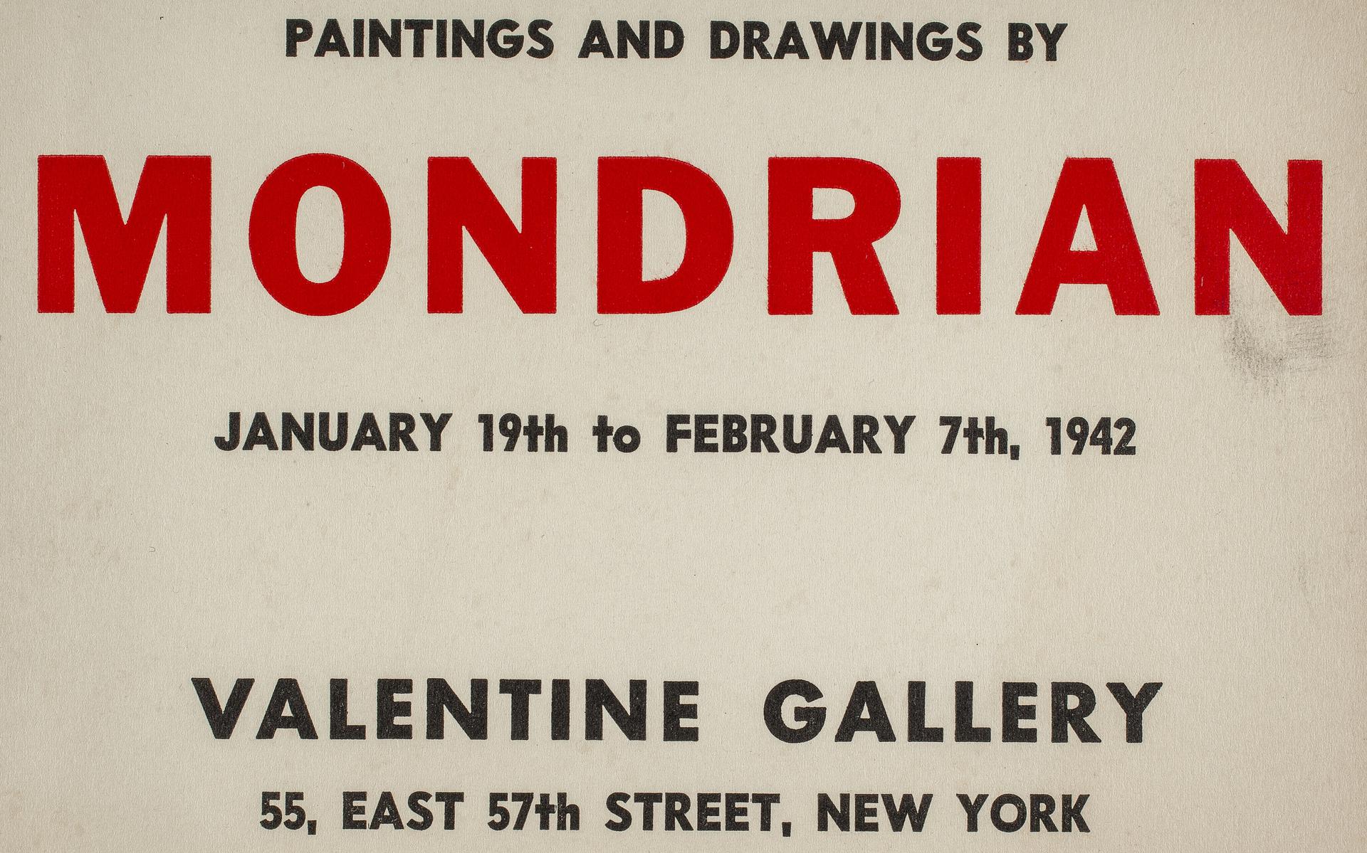 Uitnodigingskaart gericht aan De Schultess-Loew voor Mondriaans enige solotentoonstelling in 1942. 