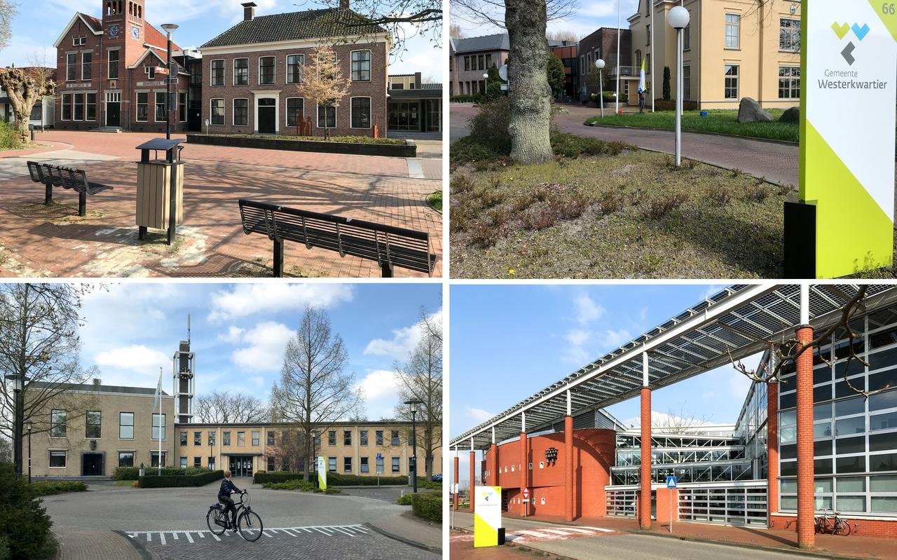 Van de gemeentehuizen van Grootegast, Leek, Zuidhorn en Marum (met de klok mee van linksboven) blijft alleen die van Zuidhorn open. Van de gemeentehuizen van Grootegast, Leek, Zuidhorn en Marum (met de klok mee van linksboven) blijft alleen die van Zuidhorn open.