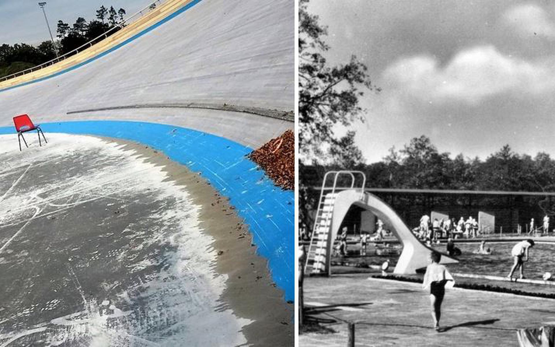 Links: de wielerbaan is zonder dak een speelbal van de elementen. Rechts: het laatste openluchtzwembad in Assen, bosbad De Wilg. 