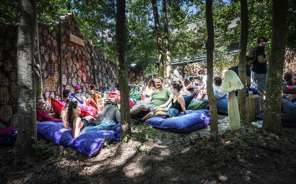Bezoekers van Paradigm festival op het Suikerunieterrein ontspannen in de schaduw.