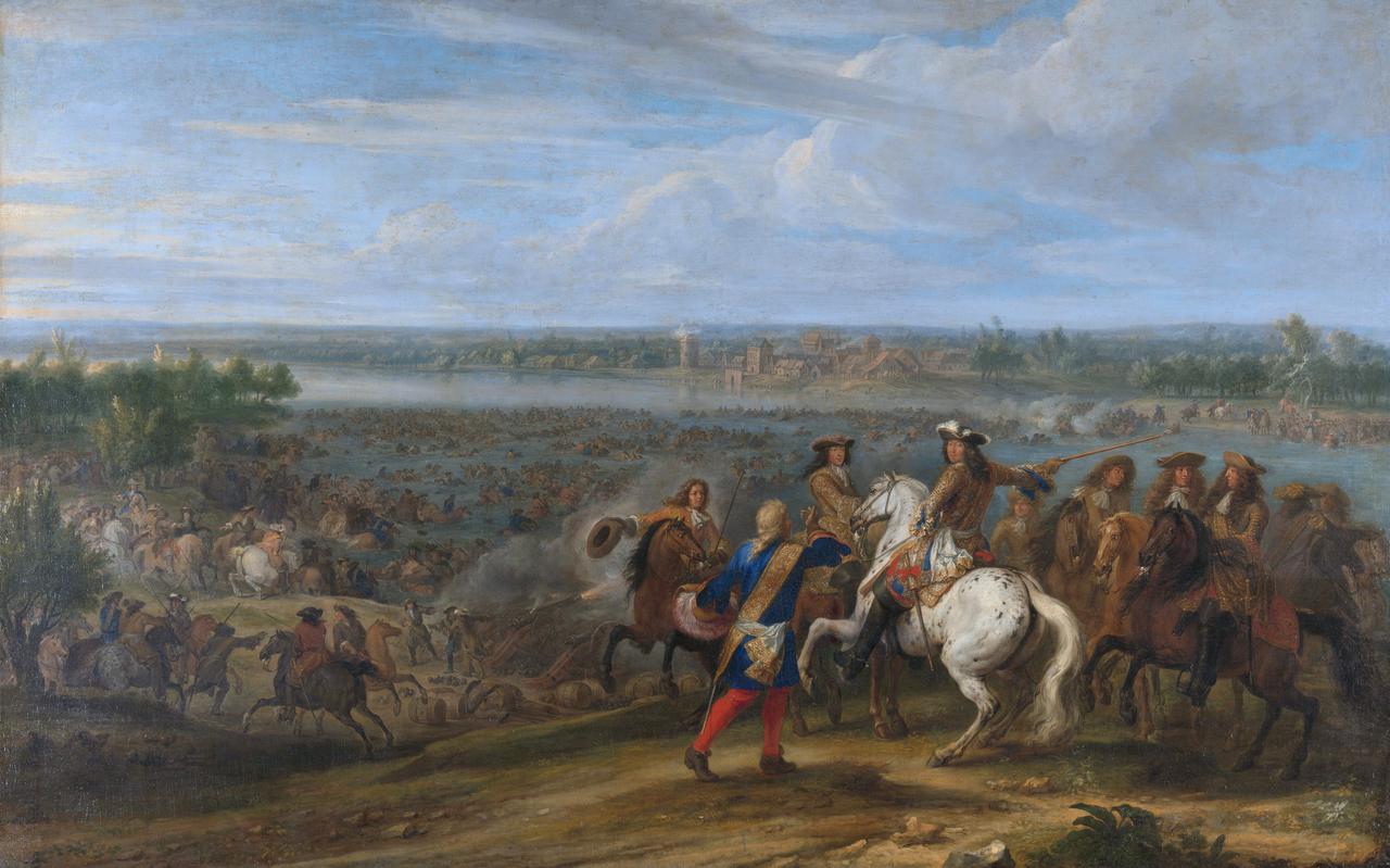 De Franse koning Lodewijk XIV trekt bij Lobith de Rijn over, geschilderd door Adam Frans van der Meulen.