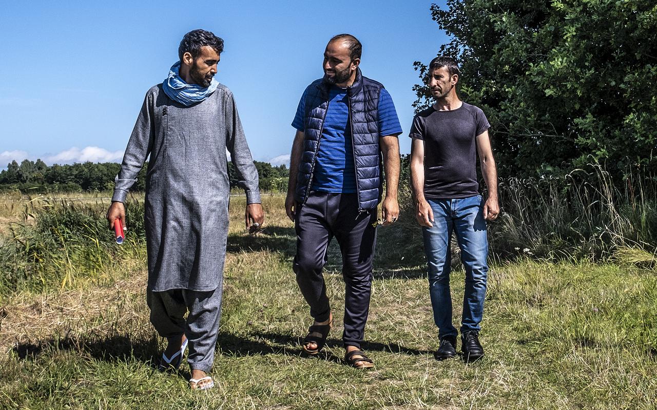 Massoud Satari uit Kunduz wandelt samen met Waheedullah Qamari uit Mazar Sharif en Gamshed Shahzad uit Maidan Wardak buiten de poort van de kazerne in de Lauwersmeerpolder. Massoud Satari uit Kunduz wandelt samen met Waheedullah Qamari uit Mazar Sharif en Gamshed Shahzad uit Maidan Wardak buiten de poort van de kazerne in de Lauwersmeerpolder.